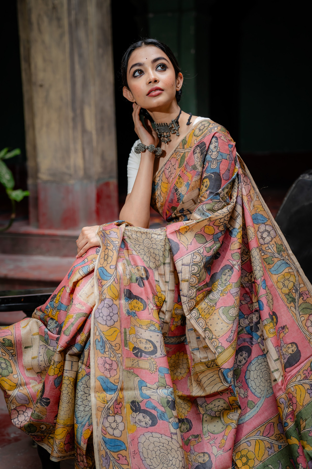 Pink Color Floral & Figure Motif Organic Dye Kalamkari Saree - BBS38